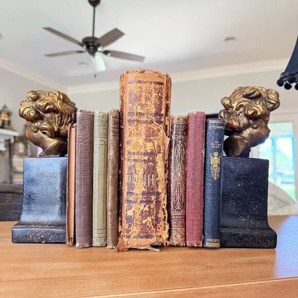 Vintage Borghese Italian Cherub Putti Bookends, Gilt Chalkware Faux Marble Base - Picture 15 of 16